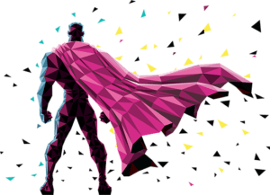 Super hero with long magenta cape stands with his back to the audience, cape flows in the wind