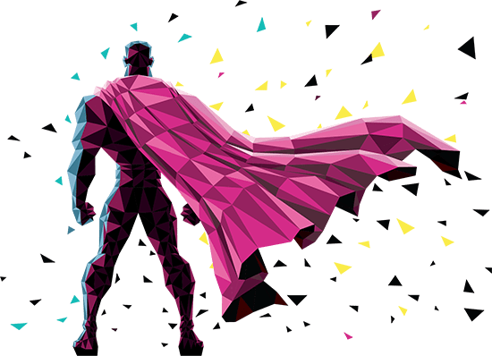 Super hero with long magenta cape stands with his back to the audience, cape flows in the wind