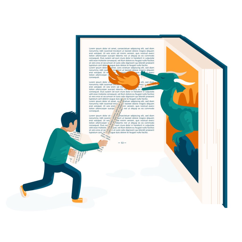 Cartoon man fights imaginary dragon with a sword. Dragon is coming off of the page of a book.